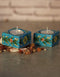 Blue Pottery Candle Holder Set - Turquoise Base and Yellow Flowers